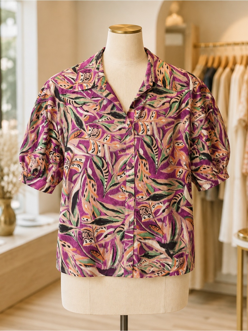 Meet Me In Santorini Purple Floral Button-Front Blouse 3/4 sleeve NWT